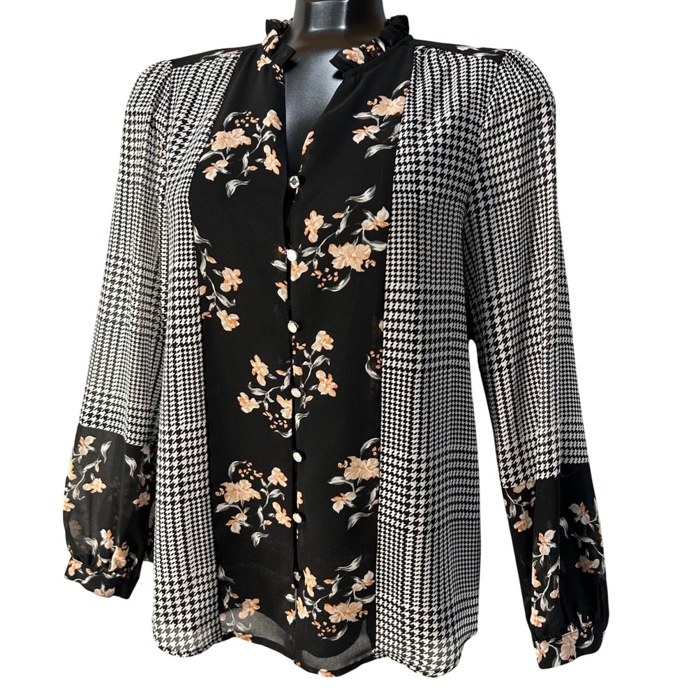 Calvin Klein Blouse Womens S Black Floral Houndstooth Mixed Media Office